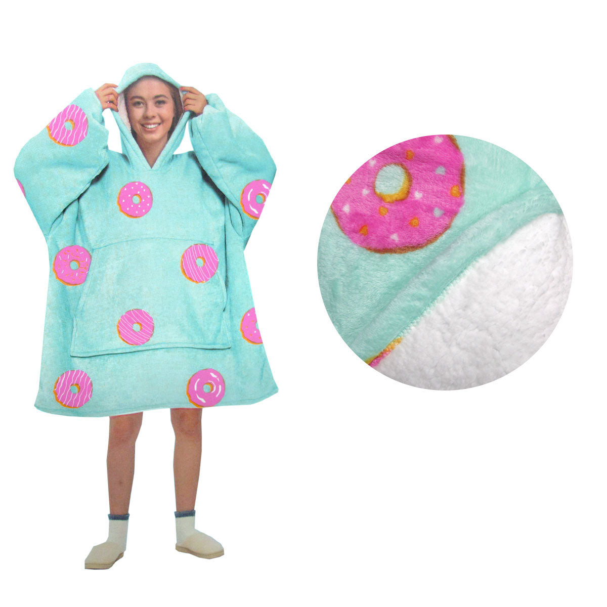 Aqua Donut Sherpa Hoodie Blanket - Cozy, fun design for kids warmth and comfort.