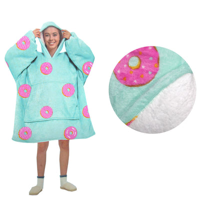 Aqua Donut Sherpa Hoodie Blanket - Cozy, fun design for kids warmth and comfort.