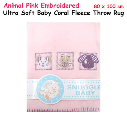 Soft pink baby fleece blanket with adorable animal embroidery, perfect for cozy, nursery decor.