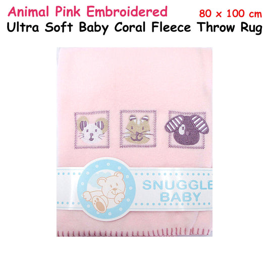 Soft pink baby fleece blanket with adorable animal embroidery, perfect for cozy, nursery decor.