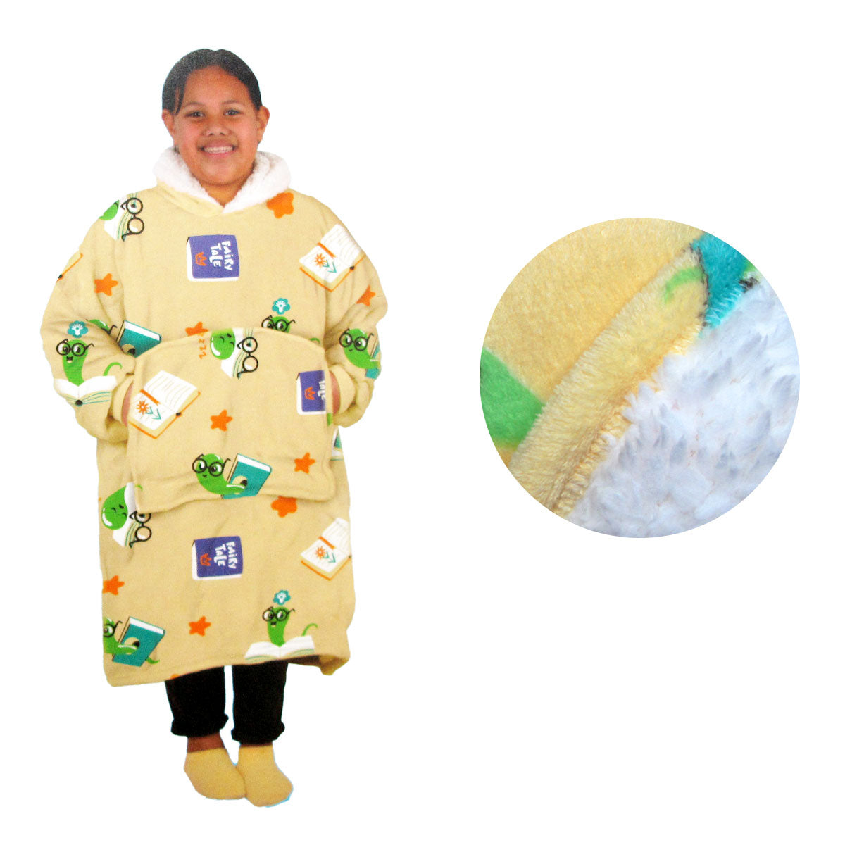 Kids sherpa fleece blanket hoodie, cozy and fun for bedtime or lounging, perfect for bookworms.