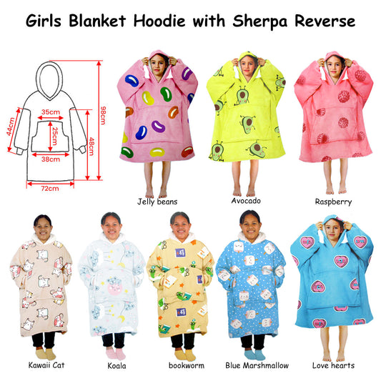 Cozy Sherpa fleece blanket hoodie for bookworm kids, ideal for snuggling up at home.