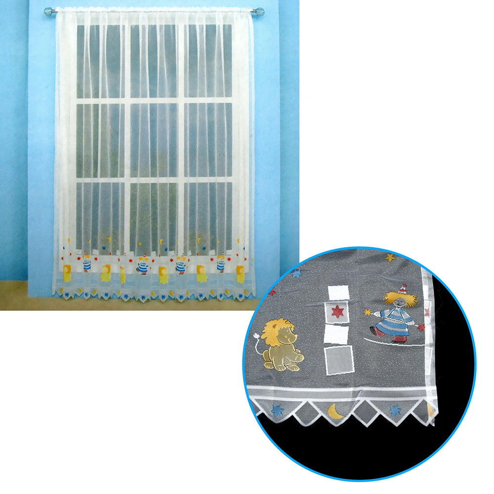 Kids lace curtain with whimsical circus theme design, 300x213cm, perfect for childrens room decor.