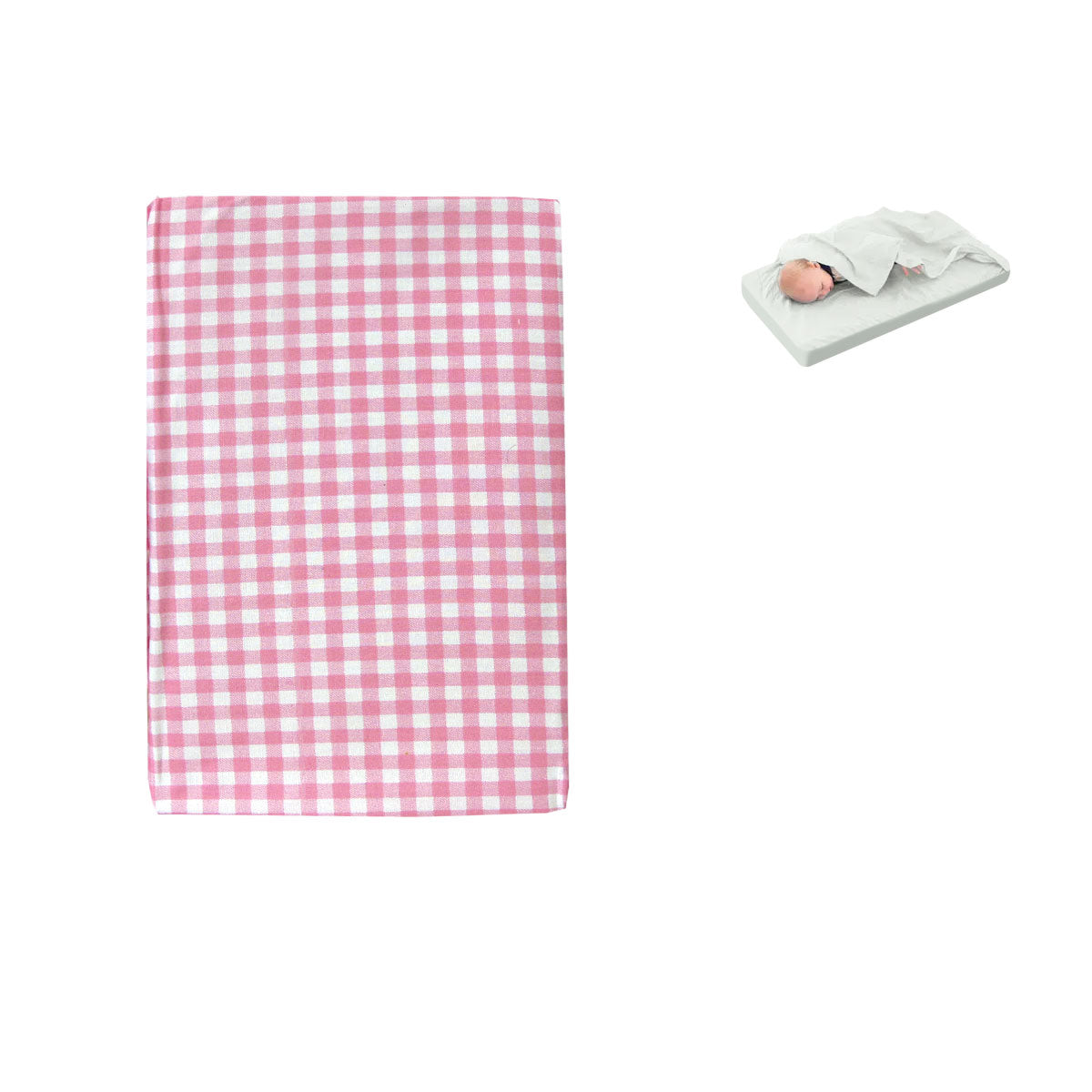 Pink checked bassinet fitted sheet with attached flat sheet for baby nursery sleeping.