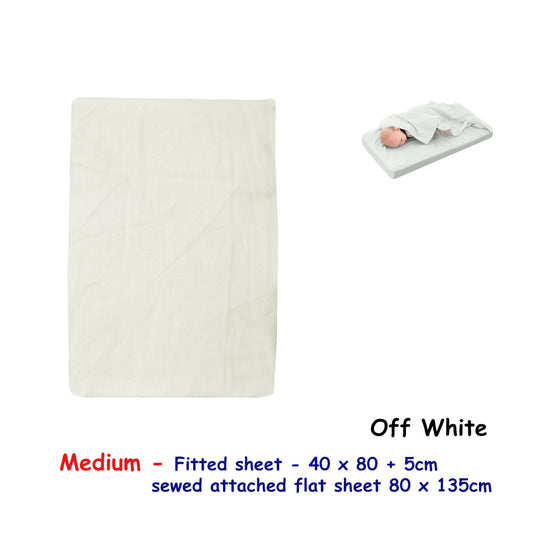 Off white baby bassinet sheet set with fitted and flat combo for cozy sleep.