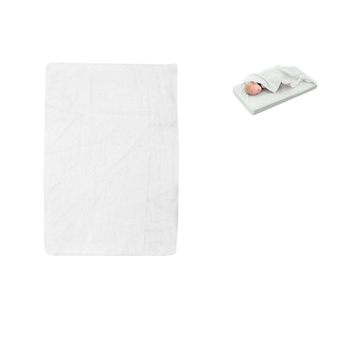 White bassinet fitted sheet with attached flat sheet for seamless baby bedding set.