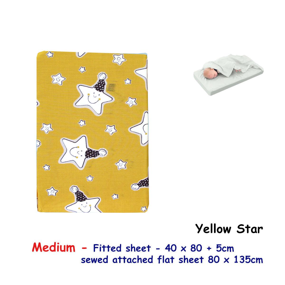 Yellow star themed fitted bassinet sheet with attached flat sheet for nursery decor.