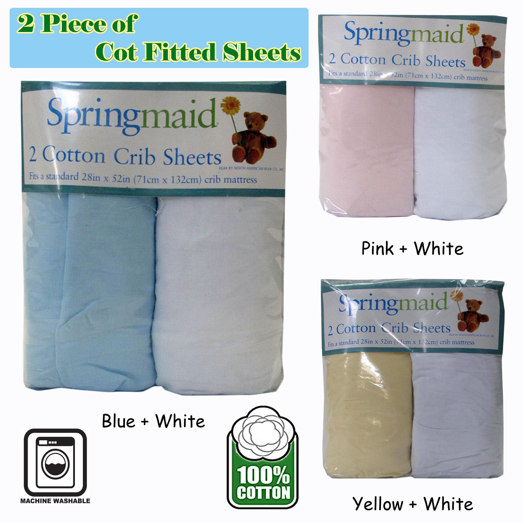 Blue & white cotton baby cot fitted sheets, 2-pack â€“ cozy, soft bedding for infants.