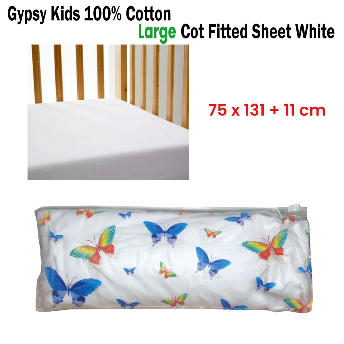 White cotton fitted sheet for large cots, designed for Gypsy Kids. Soft, durable bedding essential.