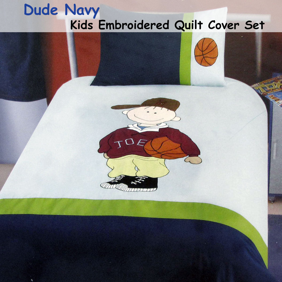 Kids basketball-themed quilt cover set, perfect for sporty bedroom decor. Vibrant and playful design.