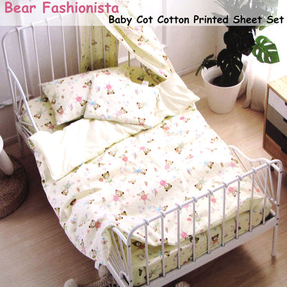 Soft cotton cot sheet set for baby nursery featuring cozy bear fashionista design.