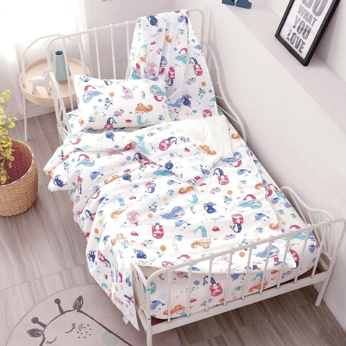 Mermaids & Mates cotton cot sheet set for baby girls, perfect for magical nursery decor.