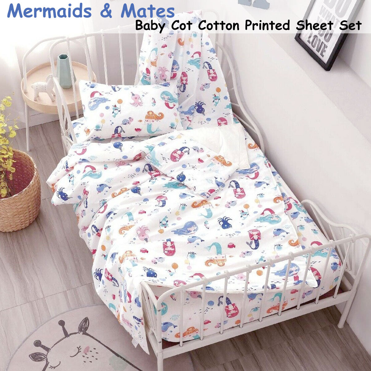 Mermaids & Mates Cotton Cot Sheet Set | Adorable bedding for baby girls, perfect for nurseries.
