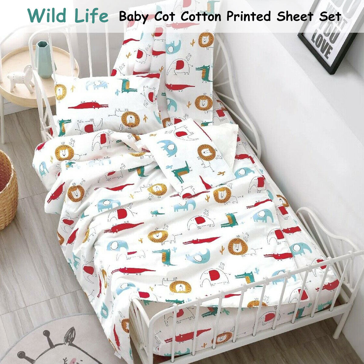 Soft cotton cot sheet set with animal print for a wild life nursery theme.