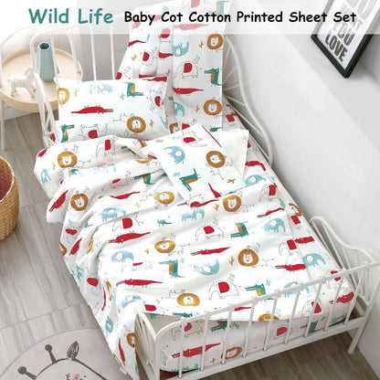 Soft cotton cot sheet set with animal print for a wild life nursery theme.