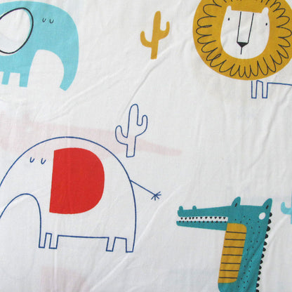 Cotton animal print cot sheet set featuring wild life theme for nursery decor.