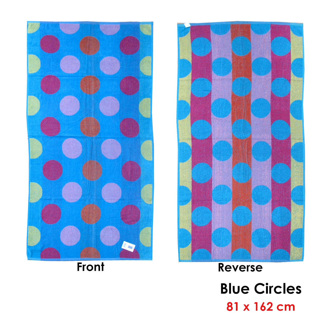 Kids reversible beach towel with blue circles pattern, made of soft jacquard velour fabric.