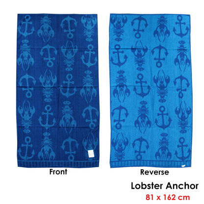 Nautical beach towel featuring playful blue lobster and anchor design, perfect for kids.