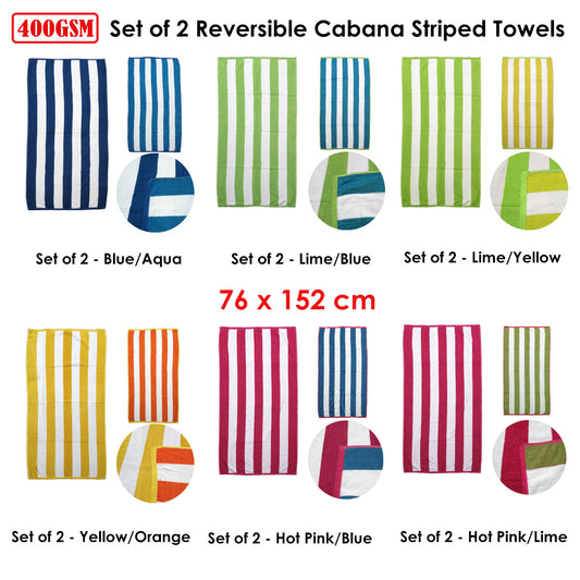 Kid-friendly reversible cabana striped beach towels set for fun and cozy indoor/outdoor use.