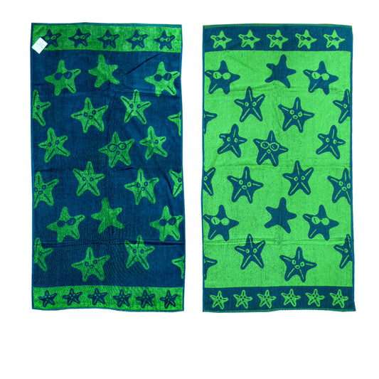 Kids blue beach towel with nautical stars pattern, reversible design for fun beach outings.