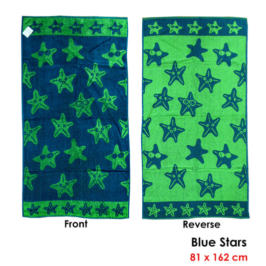 Kids beach towel with reversible blue nautical stars design, perfect for seaside fun.