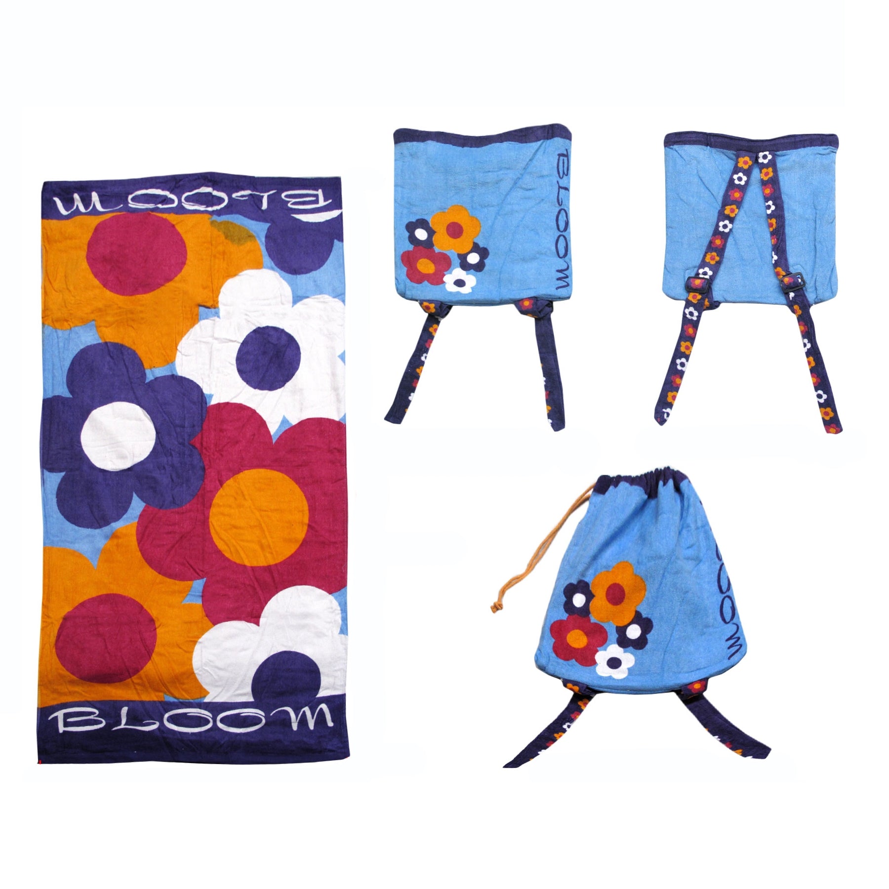 Colorful kids beach towel doubles as backpack, convenient for beach outings, fun designs.