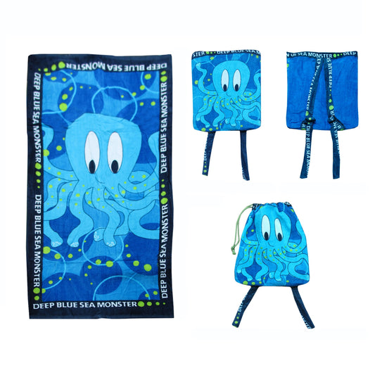 Colorful octopus beach towel backpack, perfect for kids beach outings and pool days.