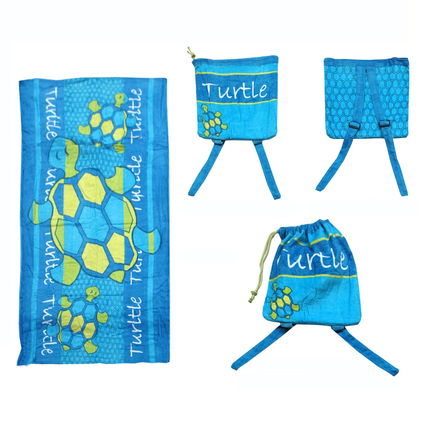 Kids 2 in 1 turtle design beach towel & backpack made of soft cotton.