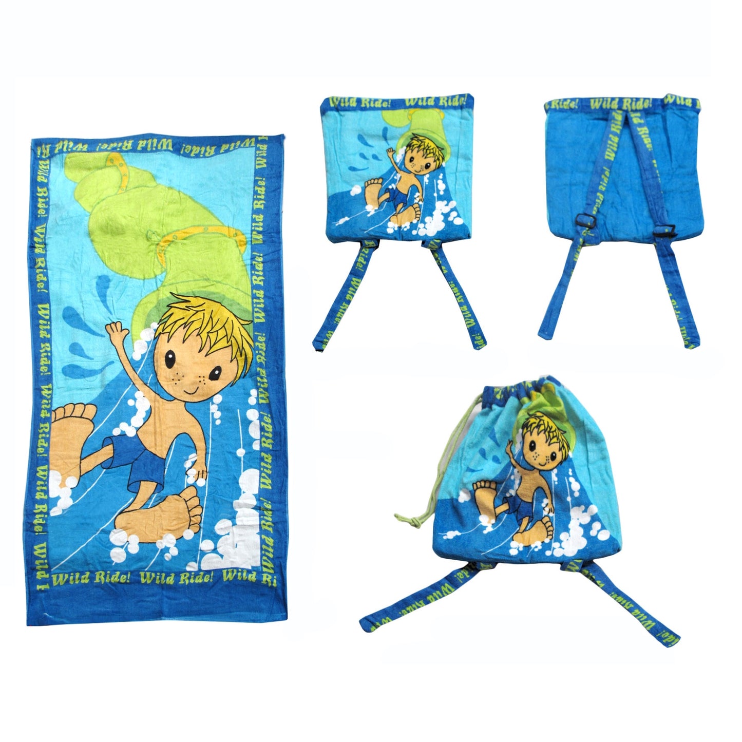 Kids 2 in 1 Beach Towel Backpack featuring fun designs. Perfect for beach days.