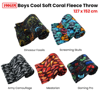 Dinosaur fossil throw made of soft coral fleece, perfect for boys cozy decor and play.