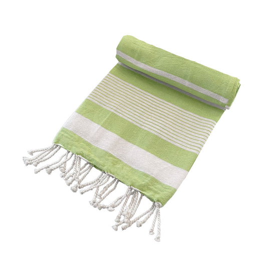 Green kids Turkish beach towel, soft cotton with tassels, perfect for beach or bath