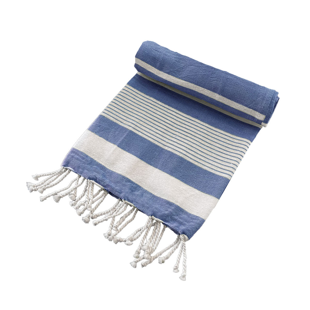 Kids navy striped Turkish beach towel with playful tassels, perfect for home or beach.