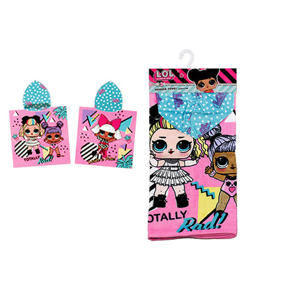 Childrens hooded bath towel features LOL Surprise theme; soft, absorbent cotton for cozy post-bath time.