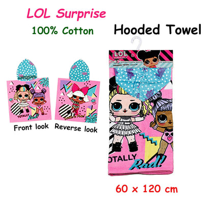 Colorful LOL Surprise kids hooded cotton bath towel for fun and cozy post-bath time.