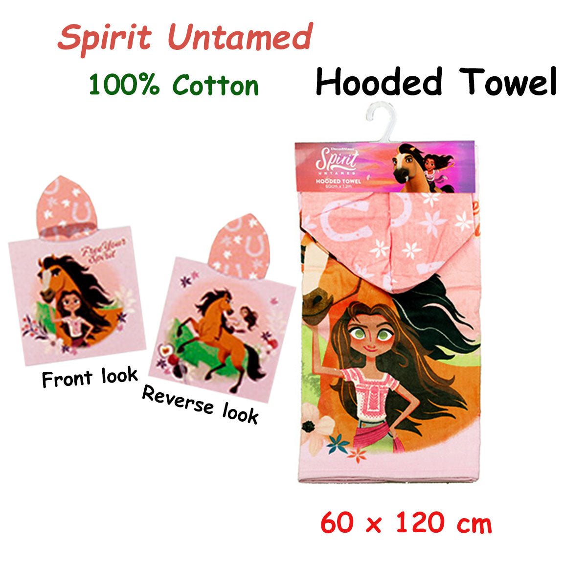 Spirit Untamed kids hooded towel in soft cotton with iconic horse design for bath time