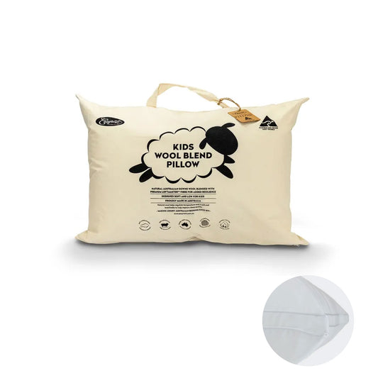 Kids lavender-infused wool blend pillow promoting restful sleep, in convenient cotton bag.