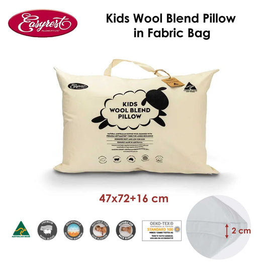 Kids wool blend pillow with lavender infusion in cotton bag for restful sleep.