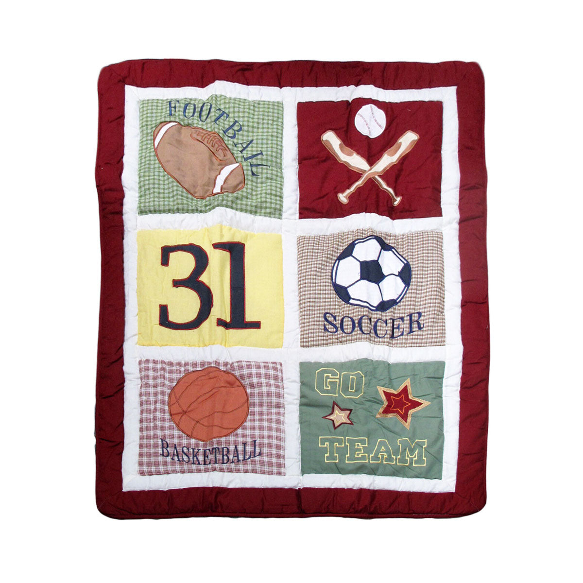 Colorful sports-themed cotton baby blanket with patchwork design, perfect for cozying up infants.