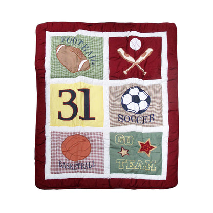 Colorful sports-themed cotton baby blanket with patchwork design, perfect for cozying up infants.