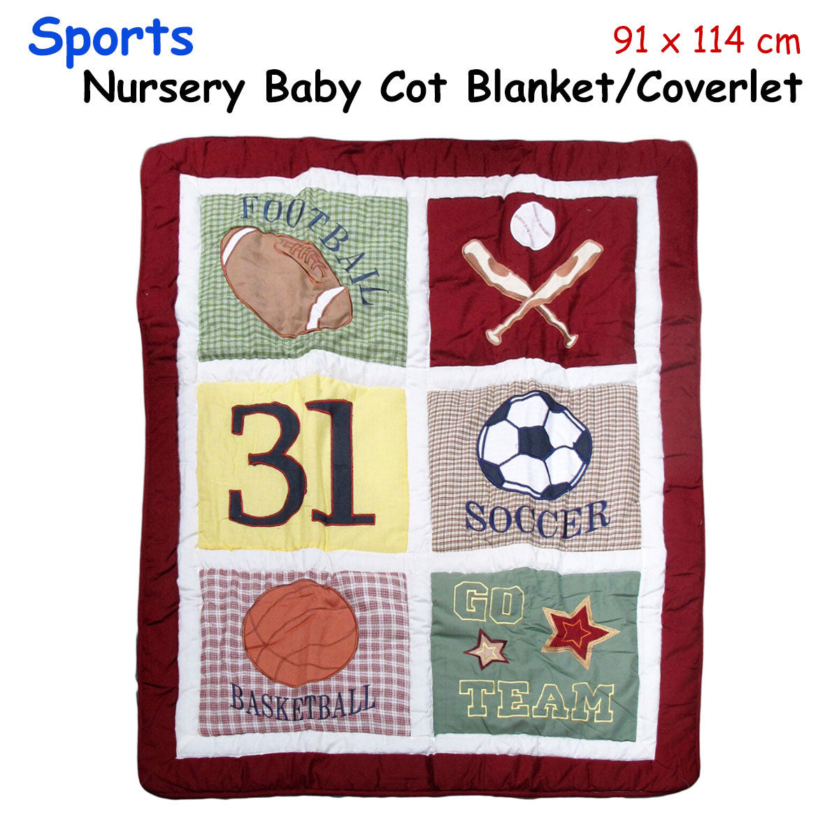 Colorful sports-themed baby blanket with patchwork design, perfect for a childs bedroom decor.