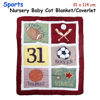 Colorful sports-themed baby blanket with patchwork design, perfect for a childs bedroom decor.