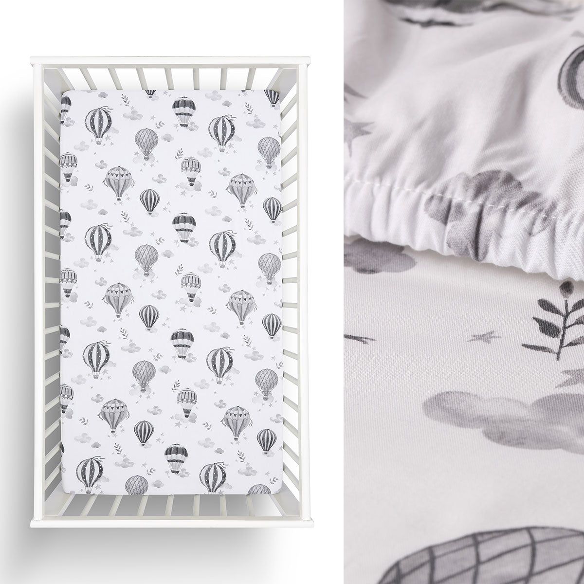 Organic cotton cot sheet adorned with playful balloon print for childrens bedding.