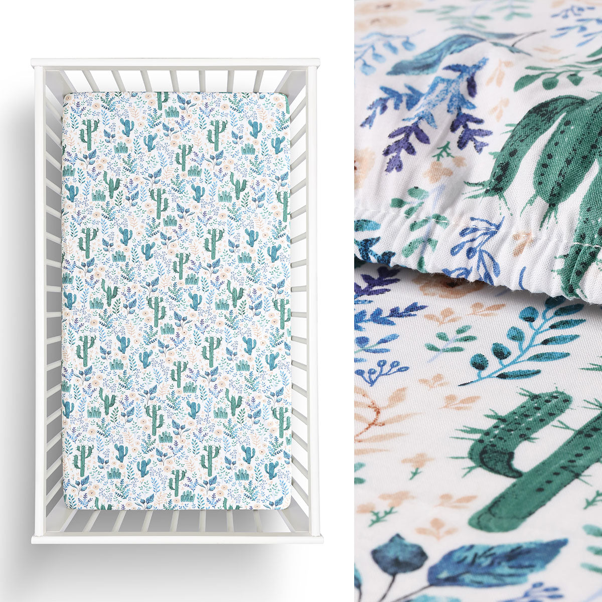 Organic cotton cactus print cot fitted sheet for kids beds, eco-friendly and whimsical design.
