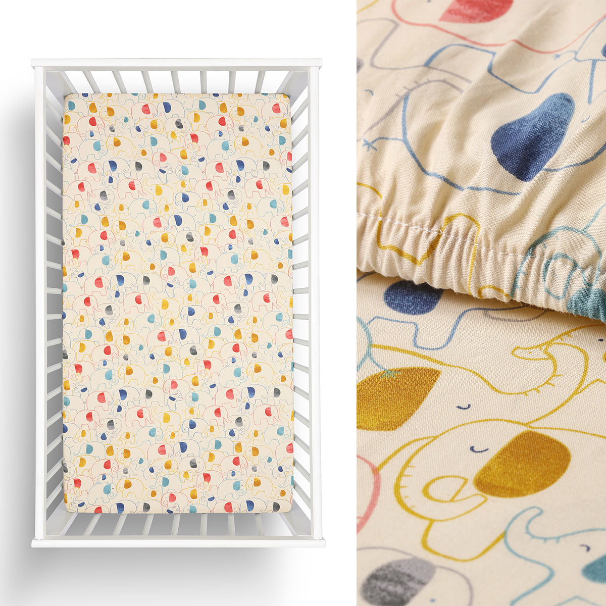 Organic cotton elephant cot sheet by Little Gem for cozy and eco-friendly nursery bedding.