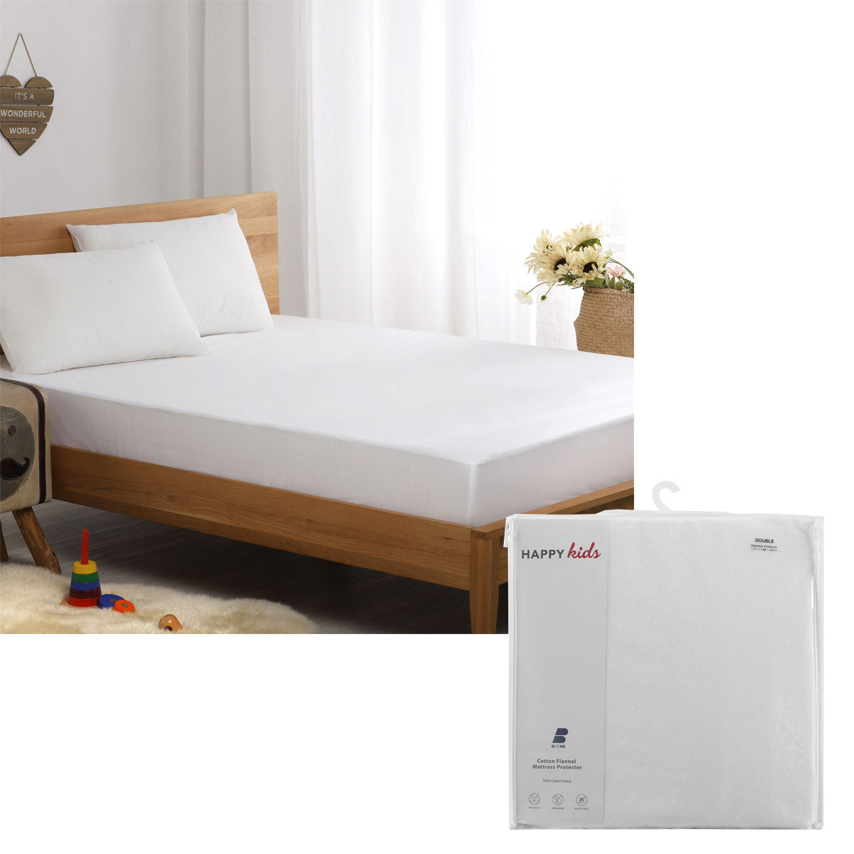 Waterproof cotton flannel mattress protector for single bed, ideal for childrens bedrooms.