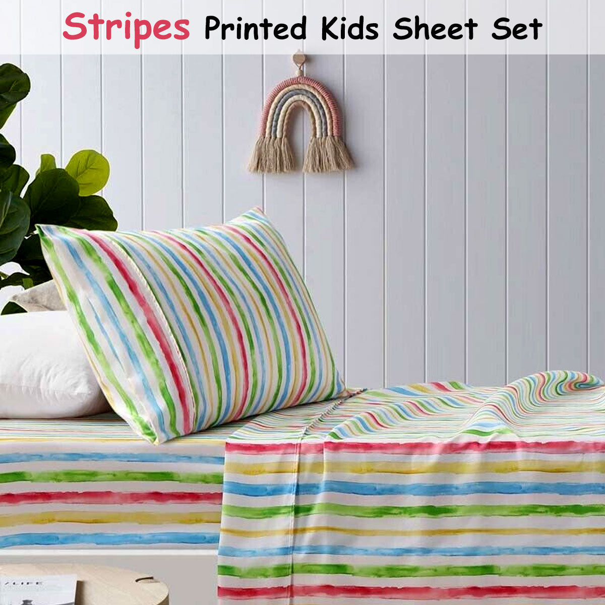 Illustration of vibrant childrens microfibre sheet set for cozy double bed; cheerful design.