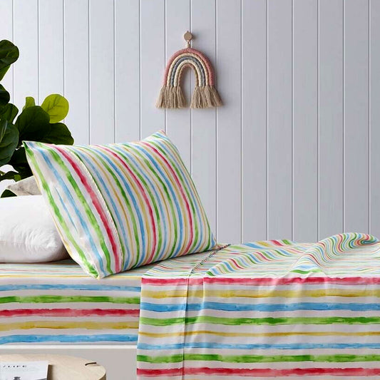 Vibrant kids king single microfibre sheet set with colorful stripes for cheerful bedroom decor.