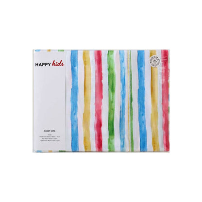 Vibrant striped microfibre sheet set for kids beds, from Happy Kids, adds playful decor.