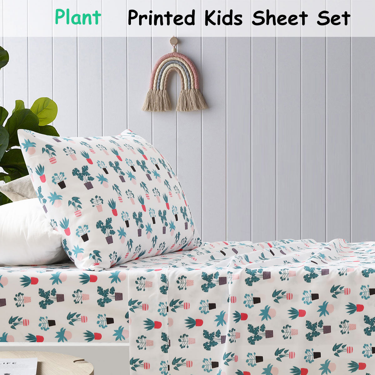 Vibrant plant print kids sheet set for Happy Kids King Single bed