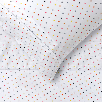 Vibrant polka dot double sheet set for kids beds by Happy Kids, colorful home decor.